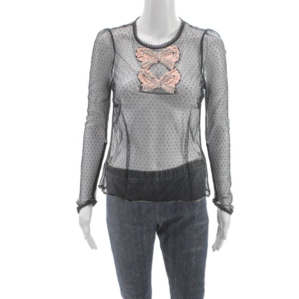 Manoush Women Blouse Black Polka Dot Nylon Long Sleeve Round Neck Size 40